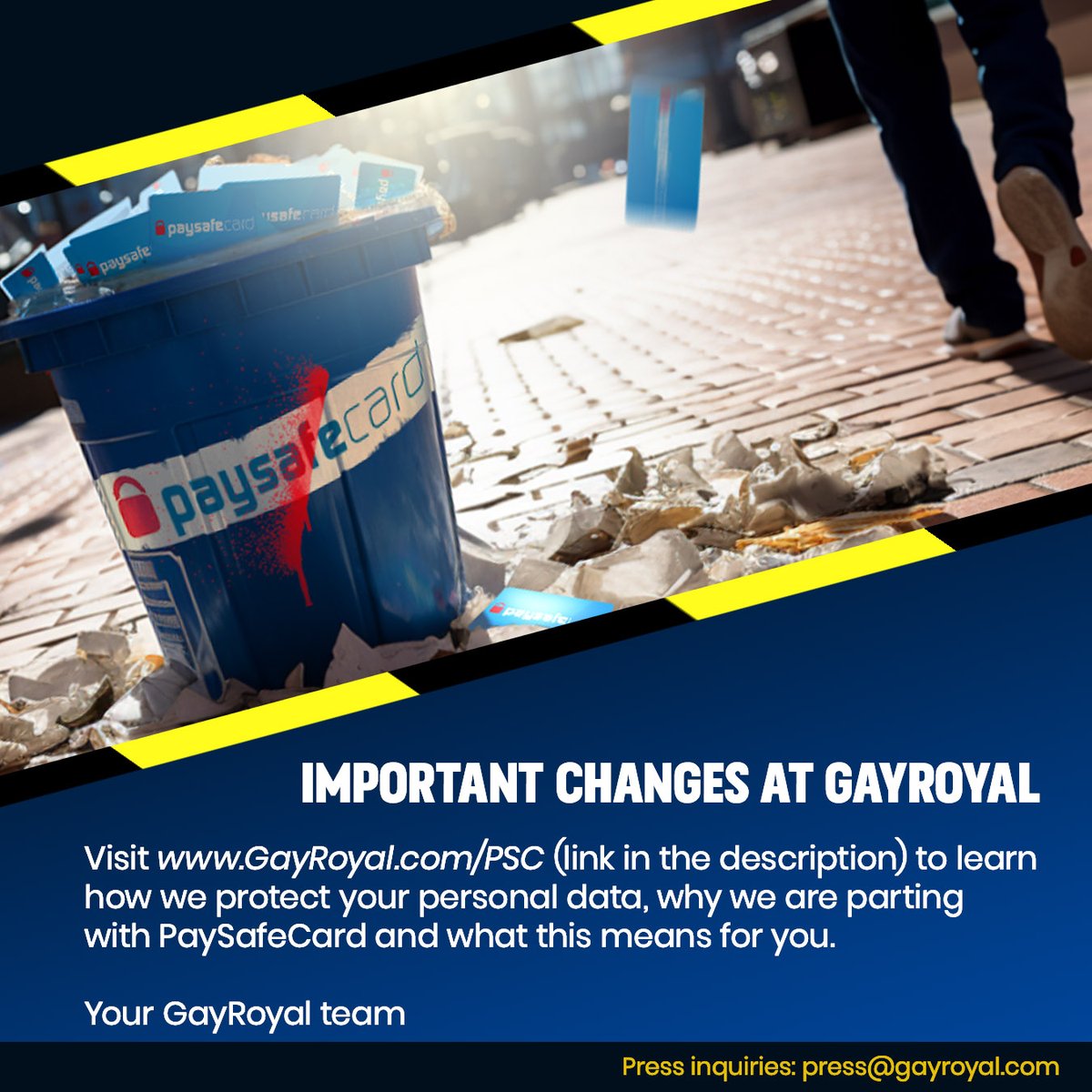 GayRoyal's tweet photo. We have important changes at GayRoyal! Visit https://t.co/dYnqfpz1VJ to learn how we protect your personal data, why we are parting with PaySafeCard and what this means for you.

Your GayRoyal team

#GayRoyal #safety #PaySafeCard #dataprotection #schwulissimo #queerde https://t.co/FGGTisNDOj