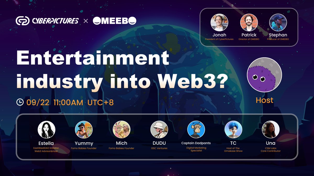 OmeeboNFT's tweet photo. 📢 Dive into the mesmerizing world of film and Web3 with @0xcyberpictures 

⏳ Date: September 22nd 
⏳ Time: 11:00 AM (UTC+8)

📽️ You're in for an extraordinary experience, rubbing shoulders with Hollywood's shining stars! 

💥 Don't let this golden chance slip through your fingers. We've got everything you crave to know about the electrifying fusion of FILM x WEB3! 

#Web3 #Film3 #RWA