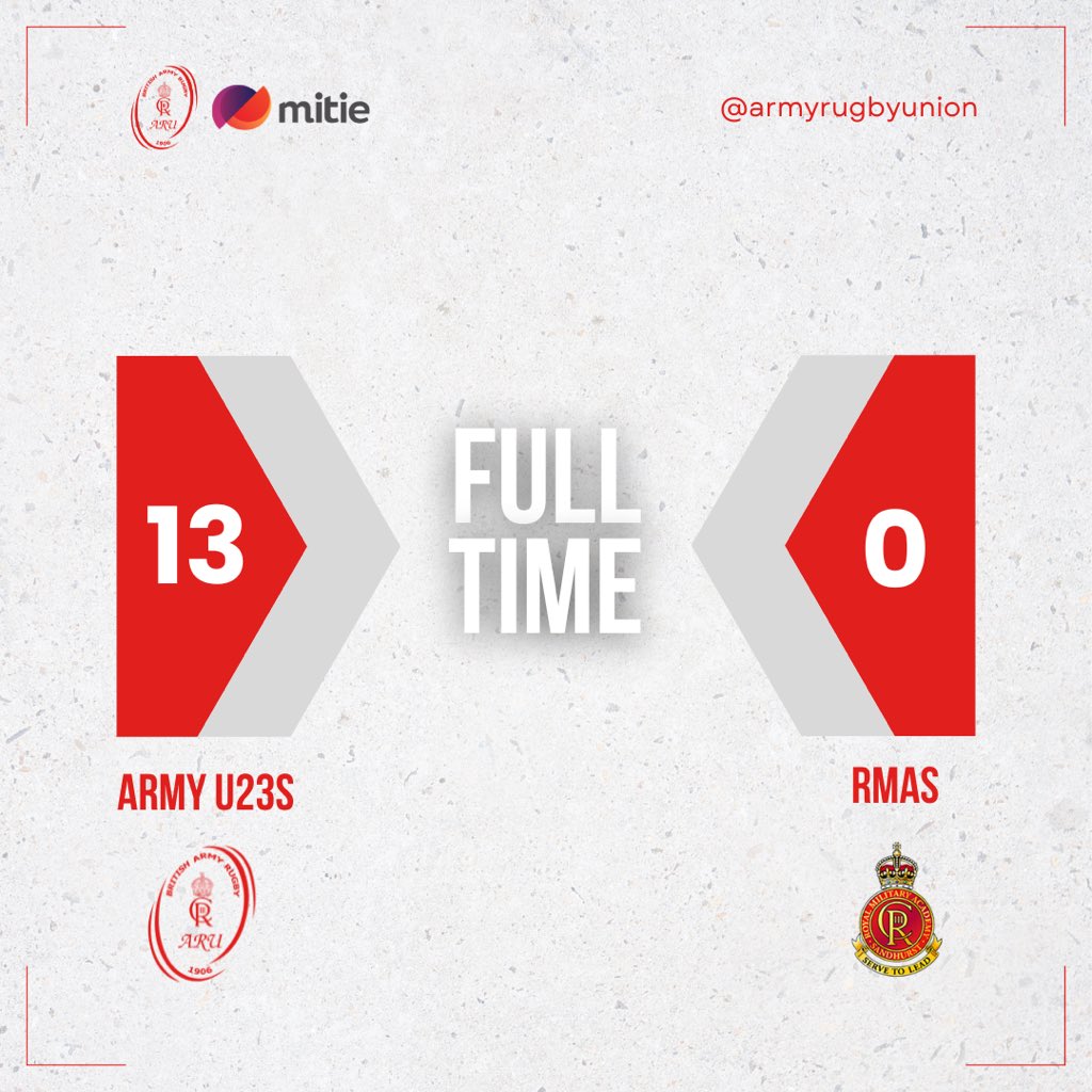 🏉 𝙍𝙀𝙎𝙐𝙇𝙏

A tight game in tough conditions for handling. 

Good possession for the Army in the second half. 

A second close range try and a penalty sealed victory. 

Thank you <a href="/RMASandhurst/">Royal Military Academy Sandhurst</a> for the fixture 🤝