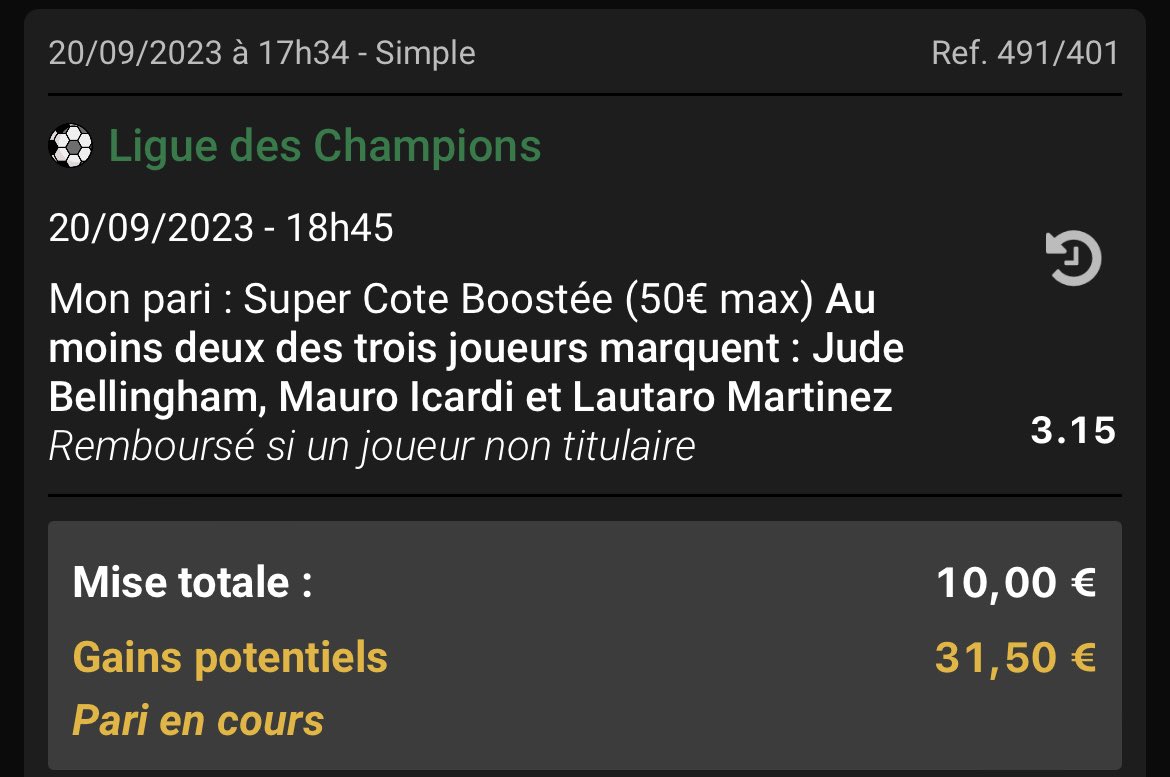 #ChampionsLeague 🇪🇺

Multiplex :
📌 2 des 3 marquent : Bellingham Icardi Martinez @ 3.15 (0.5%)
📚 Unibet

❤️ #TeamParieur