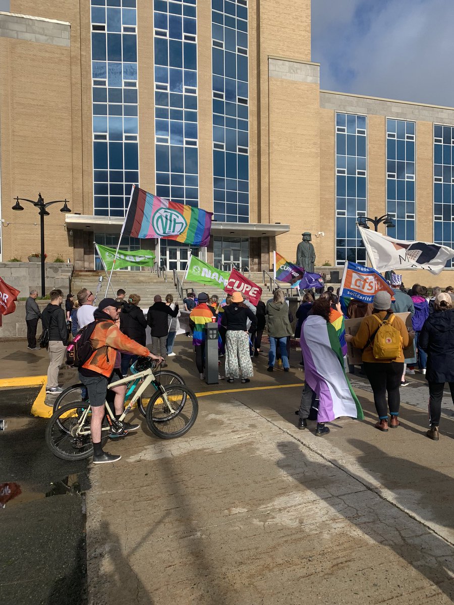 NLTeachersAssoc's tweet photo. We attended today’s counter-protest in support of safe &amp; inclusive learning spaces. Our members are teaching students fundamental lessons with their words and with the creation of safe, welcoming spaces. We stand with you! 2SLGBTQIA+ rights are human rights. #NoSpaceForHate 🏳️‍🌈🏳️‍⚧️ https://t.co/UOlWUUjDGI