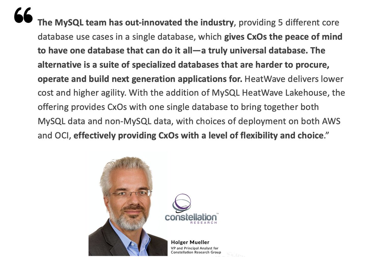 [Analyst quote] <a href="/holgermu/">Holger Müller #EnterpriseAcceleration</a> at #ConstellationR MySQL HeatWave Lakehouse provides CxOs with one single database to bring together both MySQL data and non-MySQL data... Learn more at today's keynote social.ora.cl/6012Ph2vE
#MySQL #MySQLHeatWave #GenerativeAI #CloudWorld