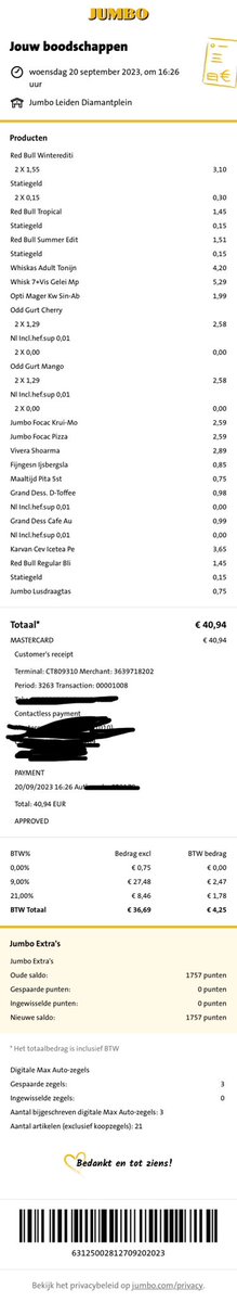 Vlienntj's tweet photo. @JumboSupermarkt Waarom hebben we hier maar 3 Max Autozegels gekregen terwijl we voor meer dan 40 euro boodschappen hebben gedaan en ook nog Red Bull hebben gekocht? https://t.co/BeQvmO6BV1