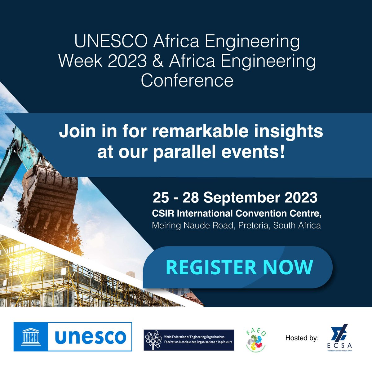 The biggest engineering event on the continent is commencing next week. The UNESCO 9th Africa Engineering Week &amp; 7th Africa Engineering Conference is starting on 25 September in Pretoria. Register now: africaengineeringweek.co.za, registrations will still be open next week.