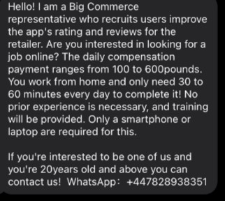 Watch out for this recruitment scam circulating on WhatsApp. #scamsmart #staysafeonline