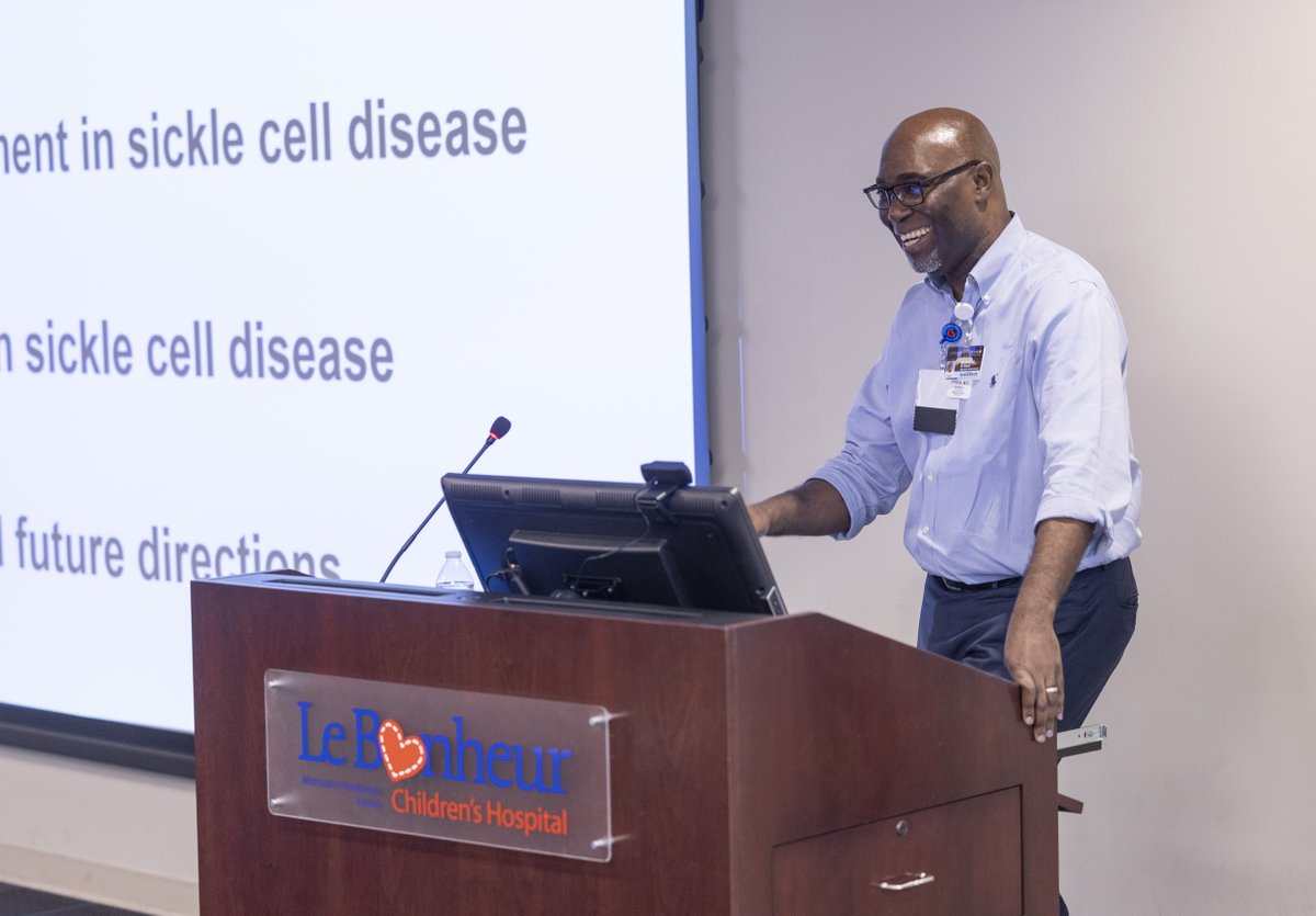 LeBonheurChild's tweet photo. Kenneth Ataga, MD, director of the UTHSC Center for Sickle Cell Disease, shares his journey researching sickle cell disease with Pediatric Research Day attendees. #PRD2023 https://t.co/SwtZ6MGS5K