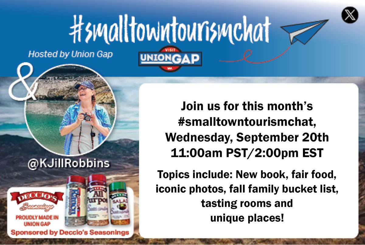 Excited for today's #SmallTownTourismChat at special 11am PST/2pm EST time due to conflict. ❤️2c @FitLifeTravel @pubclub @CDWGWAGov @AntoLinCellars @WINESofWA @JudgeBobOrr @jasontravelblog @BerkeleySqB @studentoflife @GoodLifeWithIQ @EScheopner @OdetteDunn @KimSimons2 @kimatv