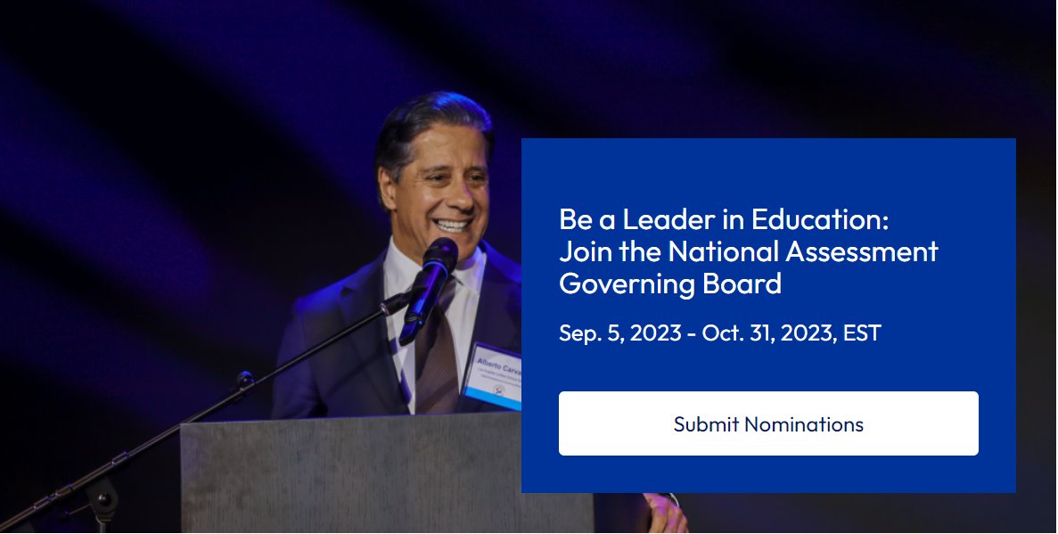Nominations for positions on the National Assessment Governing Board are now open! Help us build a board that reflects the regional, racial, gender, and cultural diversity of our country. Find out how you can #JoinTheBoard: nagb.gov/about-us/join-…