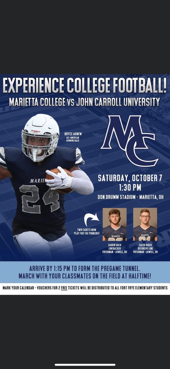 FortFryeFball's tweet photo. Youth day at Marietta College. All Fort Frye Elementary students get vouchers for free tickets to the game. Go out and support our former players Zaiden Huck and Caleb Riggs! https://t.co/OZeWfJ5nre