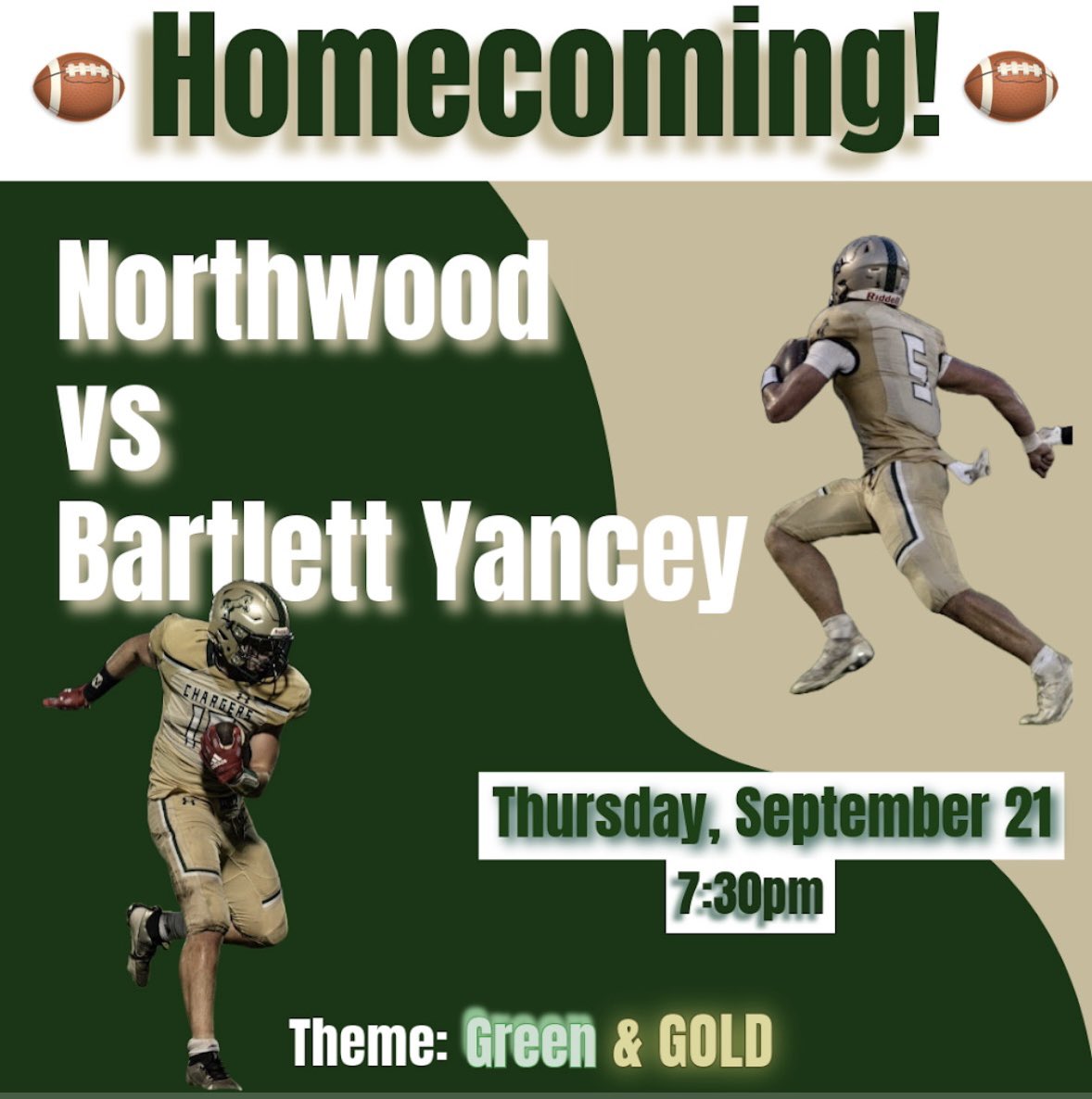 Homecoming game 2023!!! Show out and cheer on our chargers! Homecoming activities/events will be held during halftime! 🐎

Theme: Green &amp; Gold

🗓️ September 21
⏰ 7:30pm
📍Northwood High School 
#ALLN