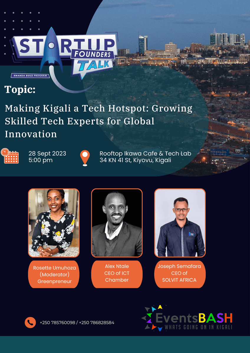 RwandaBuild's tweet photo. Happy to once again host 'Startup Founder Talk.' 
Join other startup founders Sept 28 at our tech lab, Rooftop Ikawa Cafe, Kiyovu.
Topic: What it takes to grow tech talent in Rwanda. 
Moderator @rosettemuhoza
Speakers: @antale &amp; @Semafara1 
Sponsor: https://t.co/WWxYxgKGvT https://t.co/cUKZJKx16z