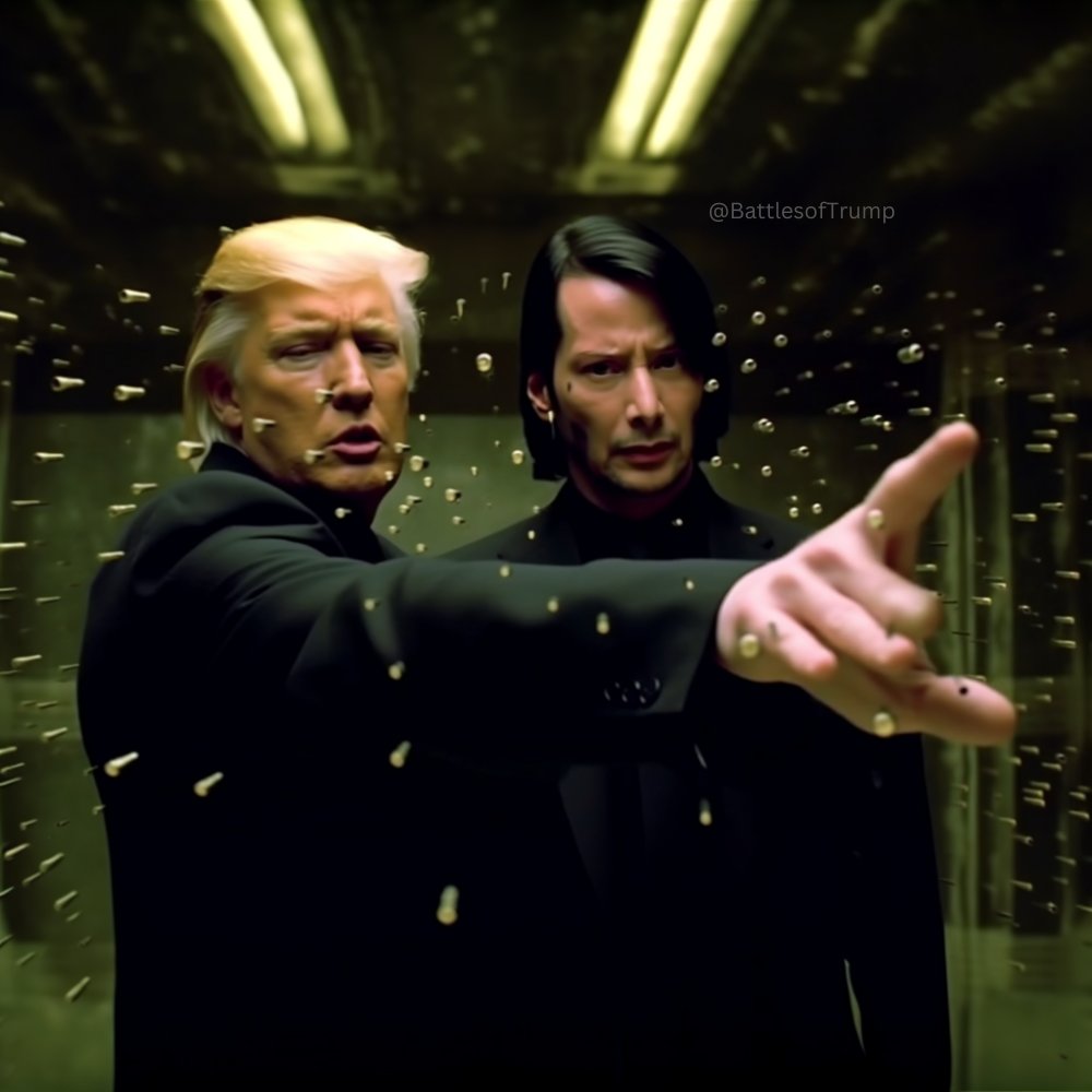 BattlesOfTrump's tweet photo. Trump provides Neo with a refresher course on how to stop bullets. 

In that moment, Neo doubts himself and questions if he is in fact still The One - the chosen human with the power to manipulate the Matrix. https://t.co/H3LXZDi1UW