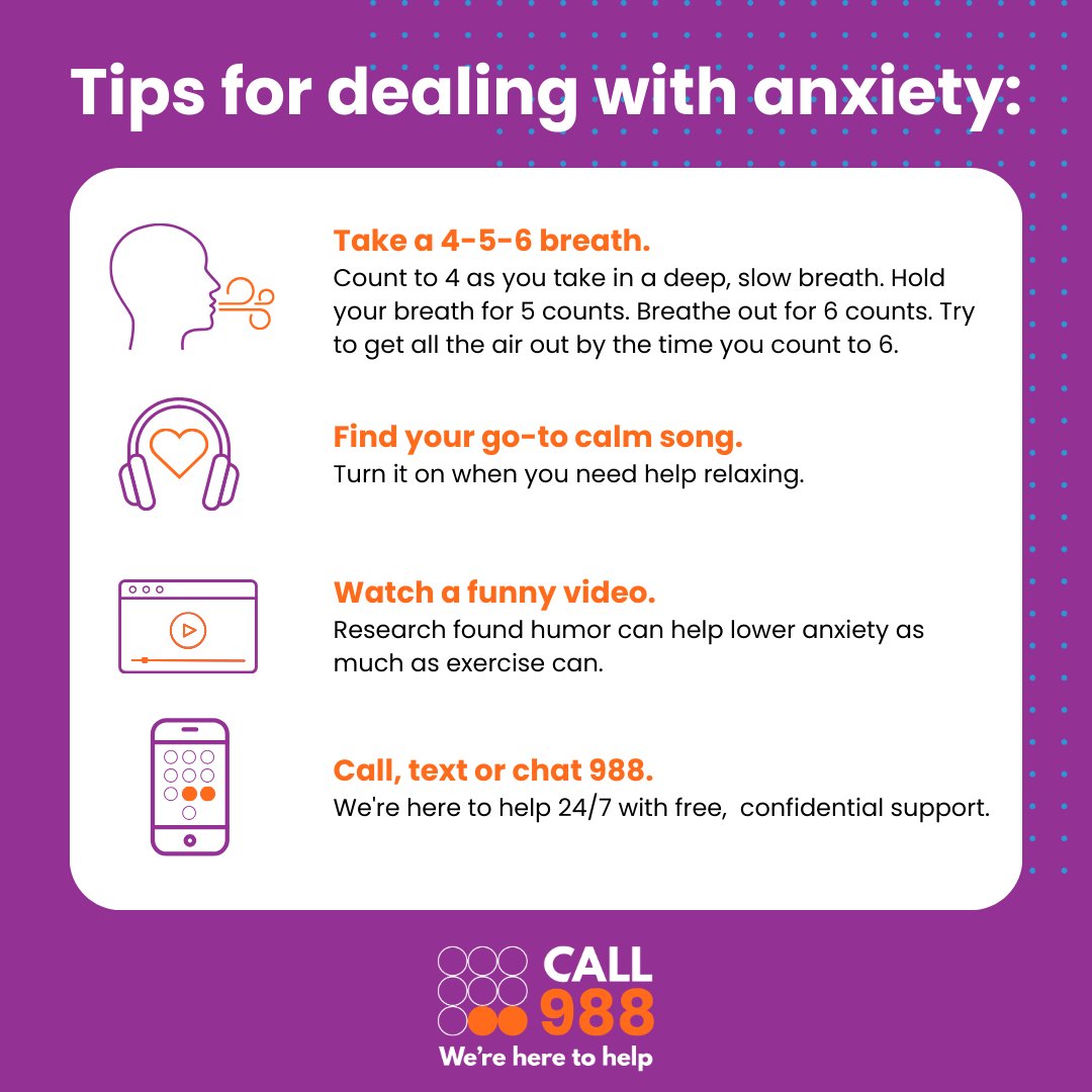 BHSBaltimore's tweet photo. Are you dealing with anxiety? CALL 988 is here to help. Try these tips or call, text or chat the helpline 24/7 for free, confidential emotional support.

Find more tips and resources to support your mental health here: https://t.co/jNbzUBPjDM https://t.co/P7nCKc0SBh