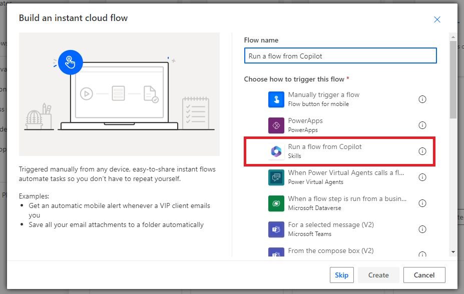 #PowerAutomate can now trigger a flow...
from #CoPilot!!! 👨‍✈️ ✈️ 🔥

But there's no documentation on it. 📃
First one to figure out how it works wins! 🏆 🎉🎈