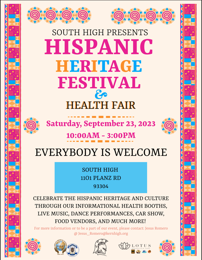 South High School invites the community to attend its Hispanic Heritage Month Festival and Health Fair this Saturday, September 23.  It is an event for the whole family to enjoy! <a href="/SHSpartanNation/">South High School</a>