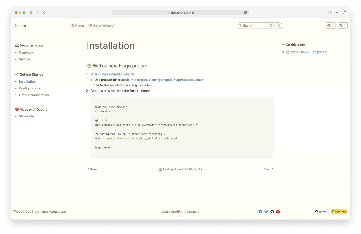 __nuwan's tweet photo. I'm thrilled to share Docura (https://t.co/PaKnDsFKg4)!
A modular Hugo theme to build documentation sites!

#documentation #gohugo #webdevelopment #devdoc
Feel free to give it a try, contribute or share your feedback! Any comments or pull requests on GitHub are welcome!
@GoHugoIO https://t.co/NqhgX8bJdP
