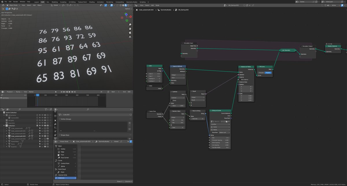 AlokAhluwalia's tweet photo. @Blender @BlenderArtists 4/5 .. with sim nodes, this setup does the job .. random values/numbers to instances .. #b3d #geometrynodes #Simulation #blendercommunity @Blender https://t.co/oCiCRKqgyn
