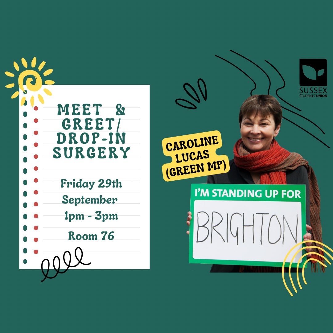 On the 29th of September, @CarolineLucas MP for Brighton Pavilion will be in our very own Falmer Bar from 1-3pm for a drop-in surgery/meet & greet with her student constituents. Come along to voice any concerns or talk about issues you're facing! #USSU #SussexStudent #SussexSU