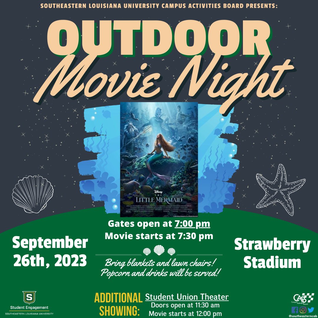 Movie Night under the stars…or under the sea!🧜🏾‍♀️Join CAB for Outdoor Movie Night at Strawberry Stadium! Bring your blankets, lawn chairs, and friends! Popcorn will be served!🍿 There will also be an additional indoor showing at an earlier time!