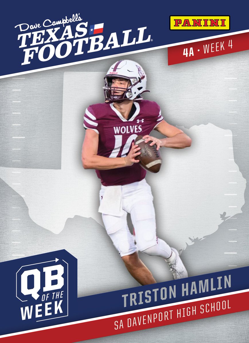 Introducing our Week 4 #TXHSFB 4A Quarterback of the Week presented by <a href="/PaniniAmerica/">Panini America</a>: <a href="/triston_hamlin/">Triston Hamlin</a> from <a href="/DHSWolvesFB/">Davenport Football</a>!

<a href="/DavenportWolves/">DHS Wolves Athletics</a> | #dctf #whodoyoucollect