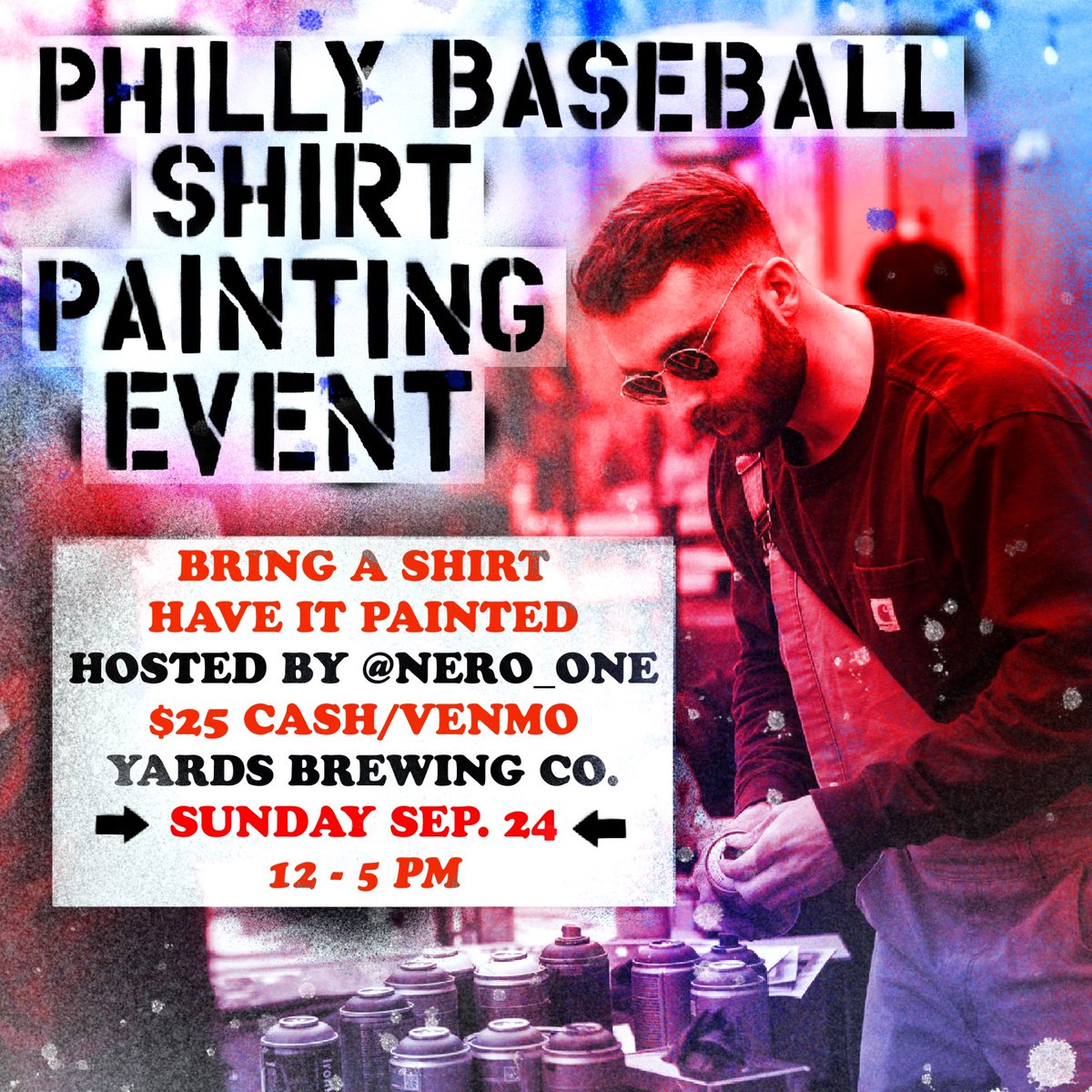 yardsbrew's tweet photo. @nero_two is back at Yards this Sunday, 9/24 from 12-5 PM ‼️ 

Get handmade Philly Baseball merch &amp; a free beer ticket to watch the game in the taproom. Limited tickets available. Dark colored shirts work best. Blank shirts will also be available. 

See you there and #GoPhils! 🍻 https://t.co/UE9Mo8JbWB