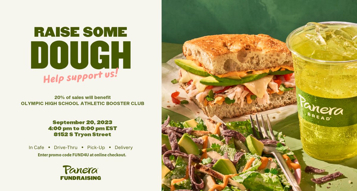 OlympicTrojans's tweet photo. Visit Panera Bread tonight from 4:00 pm to 8:00 pm to help support Olympic Athletics‼️
Show a copy of the promo flyer in person or use promo code FUND4U for online orders all day to have 20% of your meal's total donated #thetakeOver #TrojanSoldiers #WomenofTroy #WeTheSouthside https://t.co/8EAF8NHAp2