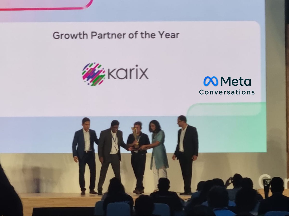 KarixMobile's tweet photo. Ending this super busy day on a high!
#Karix has been awarded the 'Growth Partner of the year' at #MetaConversations🏆.
We are proud of being @Meta 's Premier partner for innovative conversational solutions on WhatsApp and driving growth for our customers & partners .
Special thanks to our amazing team & customers for this journey of #growth. 🚀
#GrowthPartnerOfTheYear #Teamwork #Innovation #onwardsandupwards