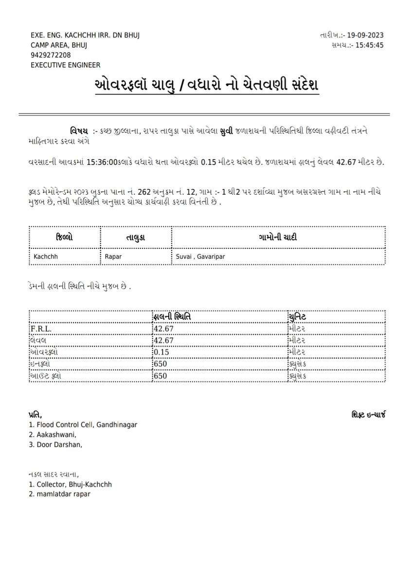 રાપર તાલુકામાં પડેલ ભારે વરસાદના કારણે તાલુકામાં આવેલ સુવઇ અને ફતેહગઢ સિંચાઈ યોજનાના જળાશય ના હેઠવાસમાં આવતા સુવઇ, ગવરીપર, નારણપર, ફતેહગઢ, ગેડી, શાનગઢ ગામો ના લોકો ને નીચાણ વાળા વિસ્તારોમાં તથા નદીના પટમાં પશુઓ સાથે ના જવા અને સુરક્ષિત અને ઊંચાઈ વાળા સ્થળે ખસી જવા વિનંતી છે.
