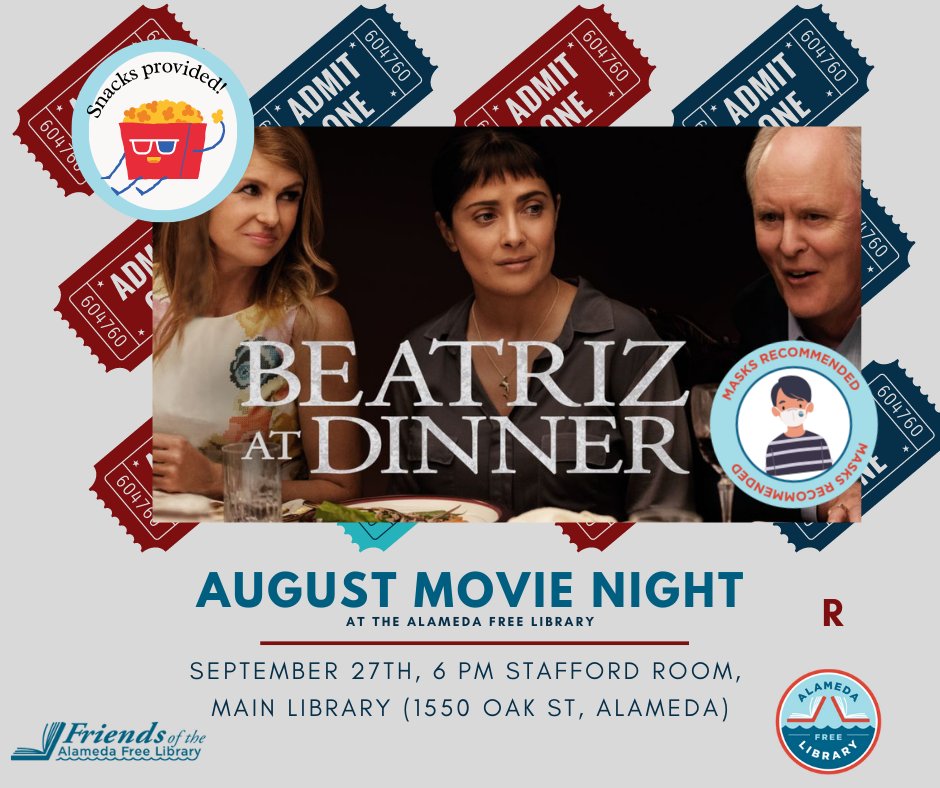 Watch Beatriz at Dinner on Sept 27 at 6pm at the Main Library. Beatriz, an empathetic Mexican immigrant, finds herself having an uncomfortable evening at a client's small dinner party, where she becomes entangled in a war of words with a man who prioritizes money over people.