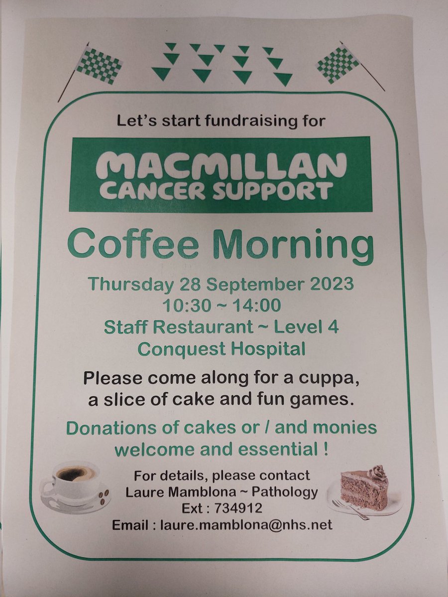 A date for your diary! Please come along and support our Macmillan Coffee Morning at Conquest Thursday 28th Sept @ESHTNHS @angleseatrc @ESHT_people