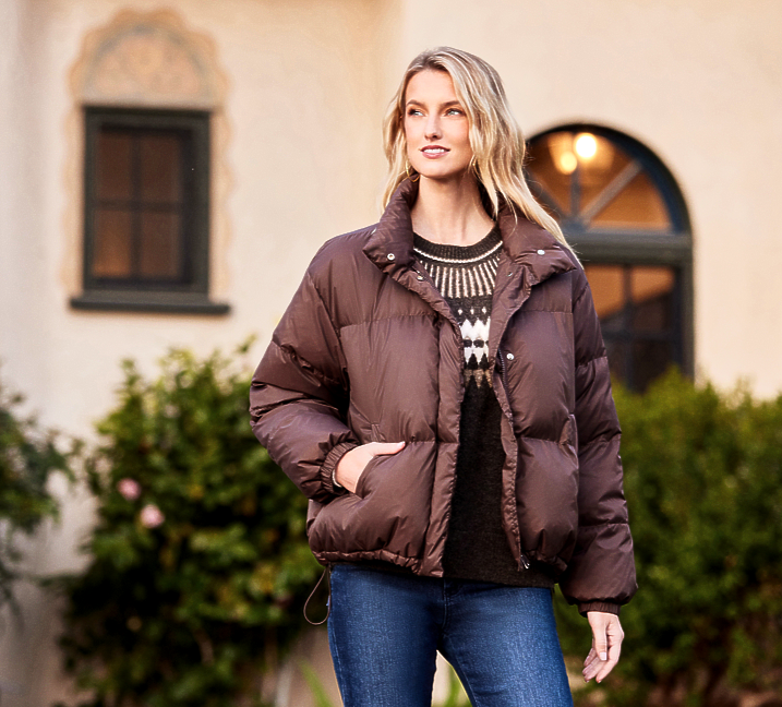 Layers of mocha! Find the Jacquard Sweater and Puffer online at karenkane.com