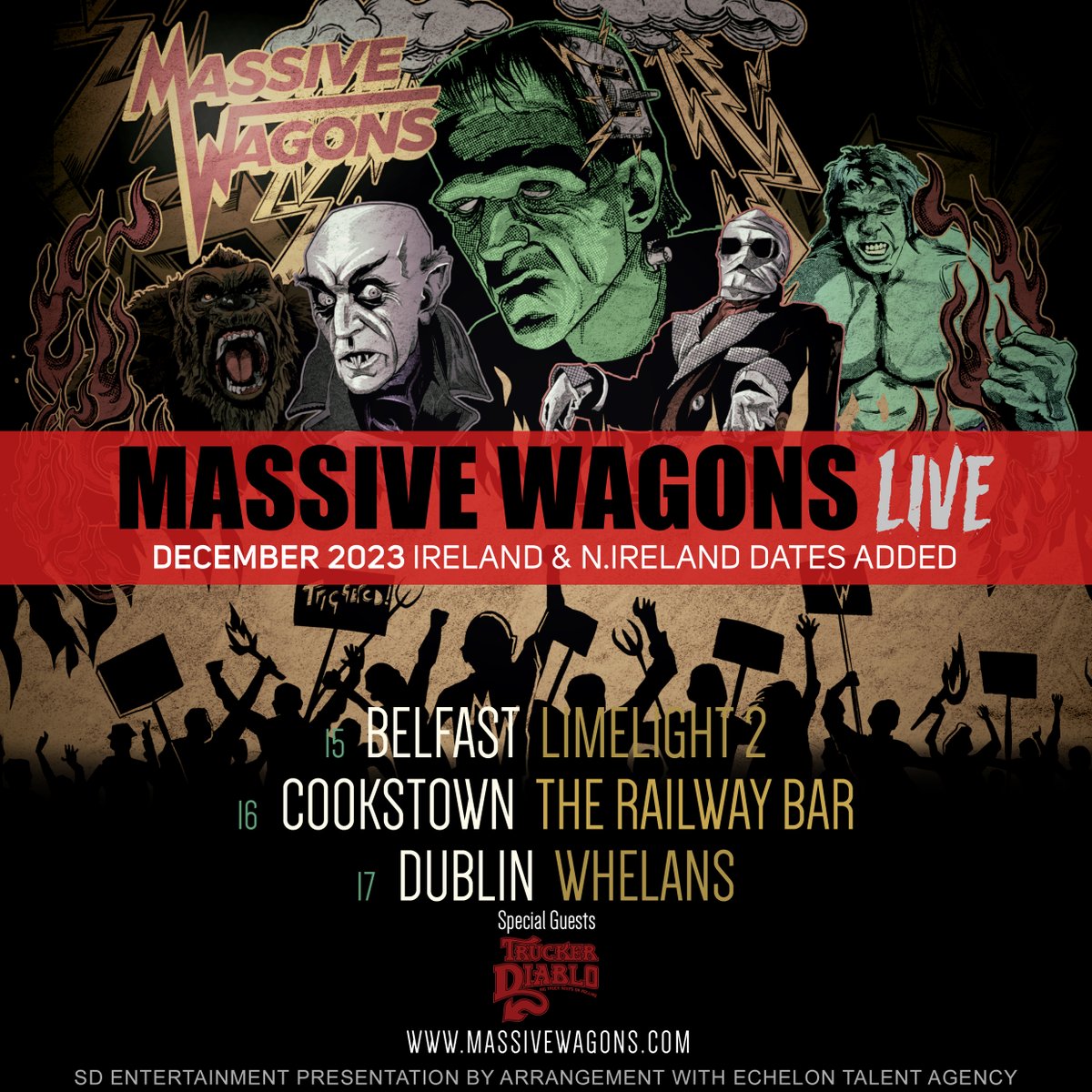 Don't miss out on tickets @MassiveWagons w/ Special Guests in The Mighty Big Truck themselves @truckerdiablo this December for THREE shows across the Island. Fri 15 - @LimelightNI Sat 16 - Railway Bar, Cookstown Sun 17 - @whelanslive Tickets from MassiveWagons.com