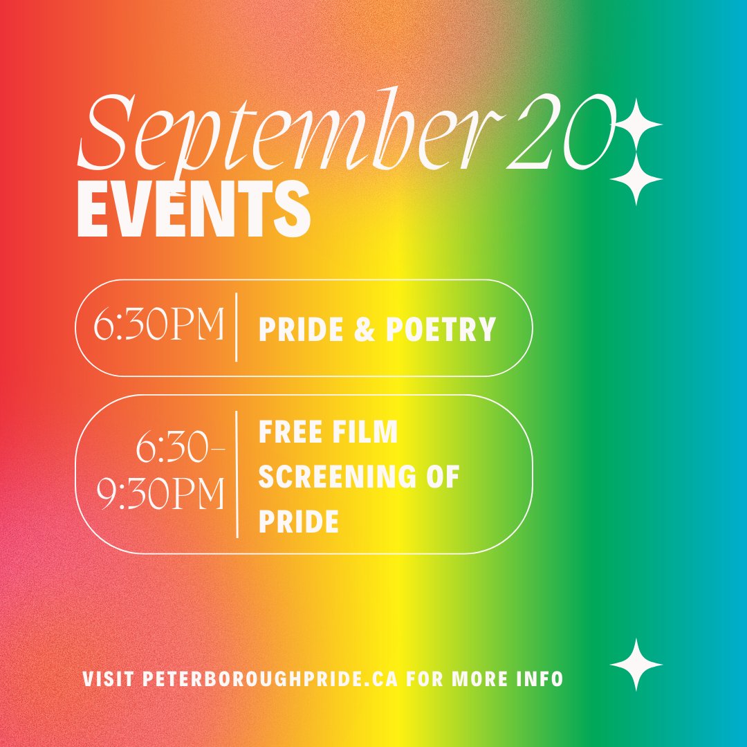 It’s the Day 4 of Peterborough-Nogojiwanong Pride Week 2023 and there is so much happening tonight 👇

👉6-9pm Rainbow Diner's Club at IVY Event Space.

👉6-8pm Amtgard Trailblazer Tournament at Jacksons Park

👉6:30pm Pride &amp; Poetry at Erben Night Club

👉6:30-9:30pm Free Film S