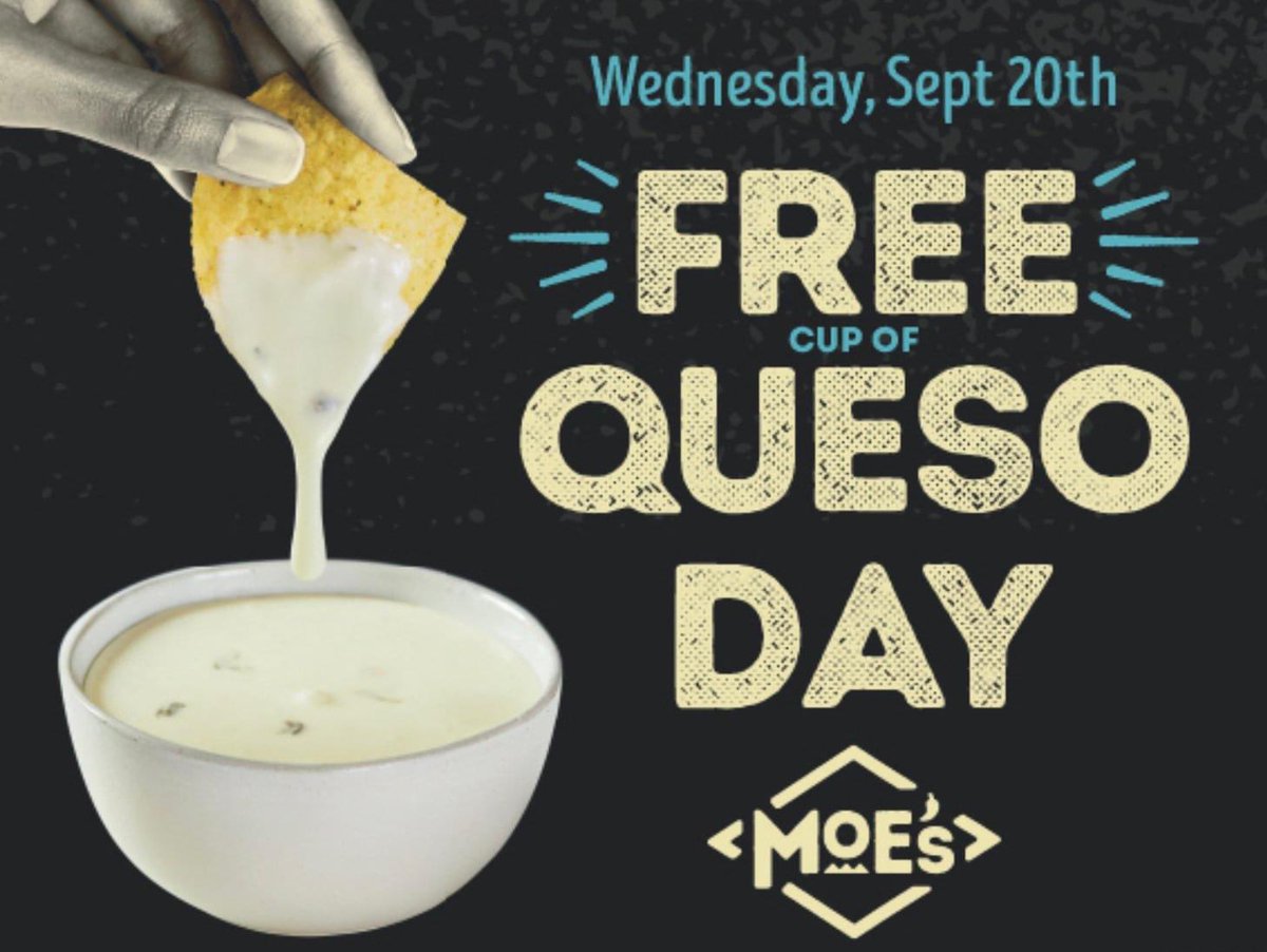 MoesHR's tweet image. 🧀FREE QUESO DAY🧀 is finally here! Enjoy a free cup of liquid gold when visiting any Moe's today, September 20th. 🌟