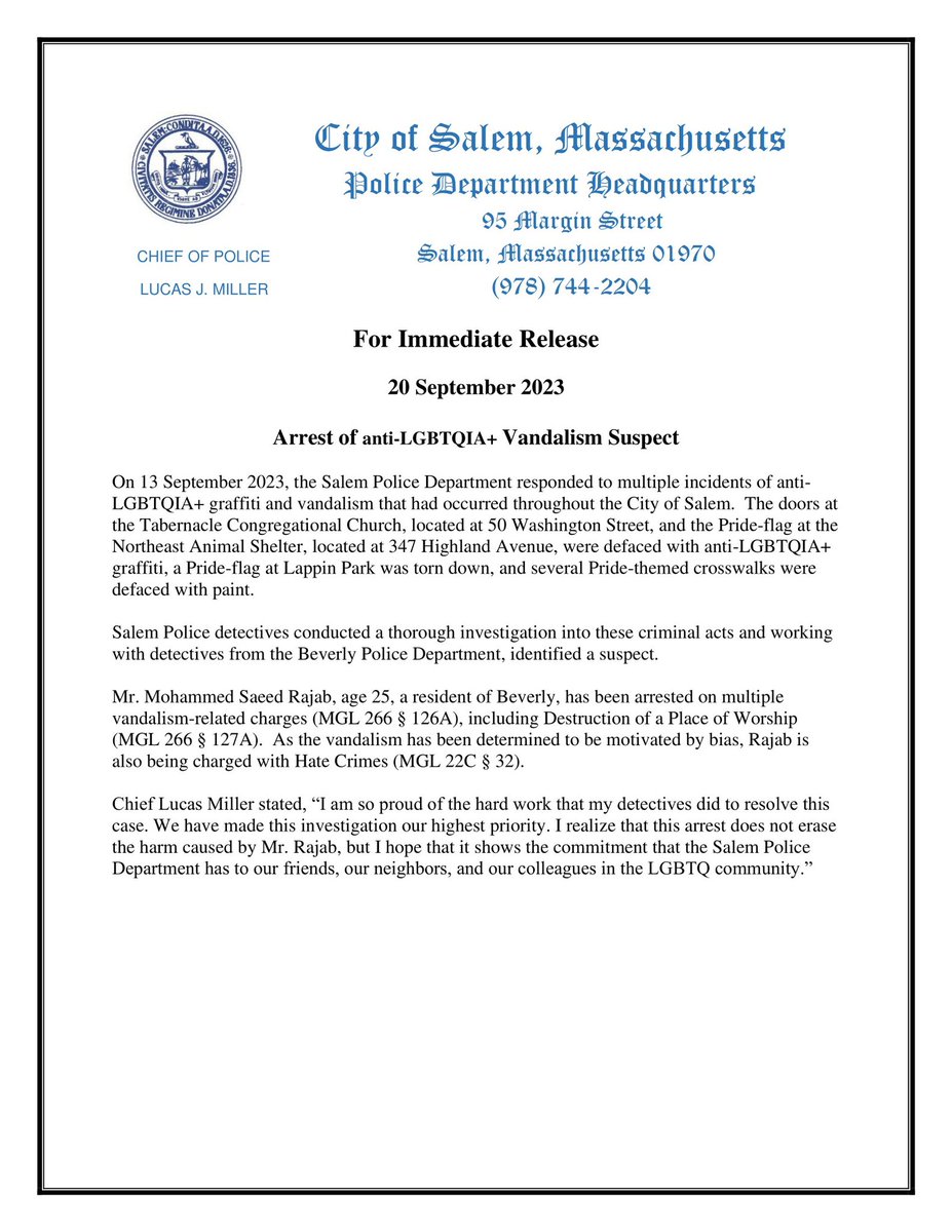 luke14711's tweet photo. I’m very pleased to report the arrest of Mohammed Rajab for a series of recent hate crimes in Salem. Thank you @BeverlyPD for the assist. #SalemMA https://t.co/5Ng7JLvMSp
