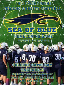 JerichoFootball's tweet photo. Homecoming football game this Friday, 6PM, vs. Herricks. College Gameday Takeover at 5:30. Make sure to get your “Protect the Nest” shirts 🏈 #rolljayhawks https://t.co/THlR69By0j