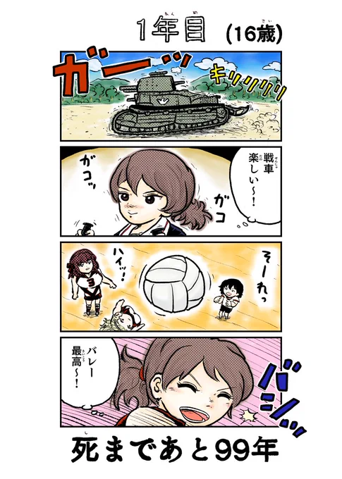 #garupan #ガルパン   アヒルさんチームの操縦手、河西忍が主人公のマンガを今日からしばらく昼頃にアップします。  "100年後に死ぬ河西さん"