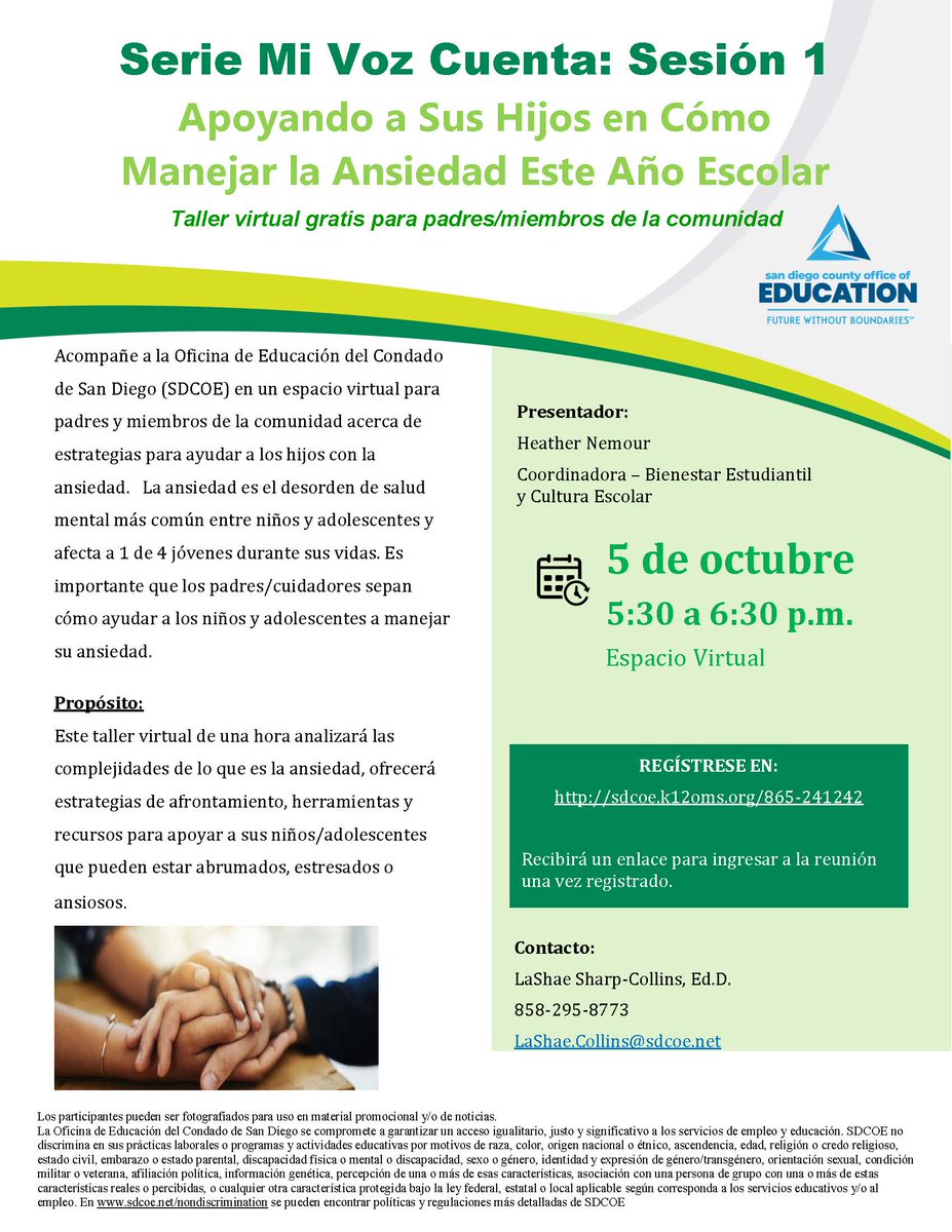 My Voice Counts Series: Session 1 Supporting Your Children in Managing Anxiety This School Year
October 5 from 5:30-6:30 pm
#suhsdparents
sdcoe.k12oms.org/865-241242