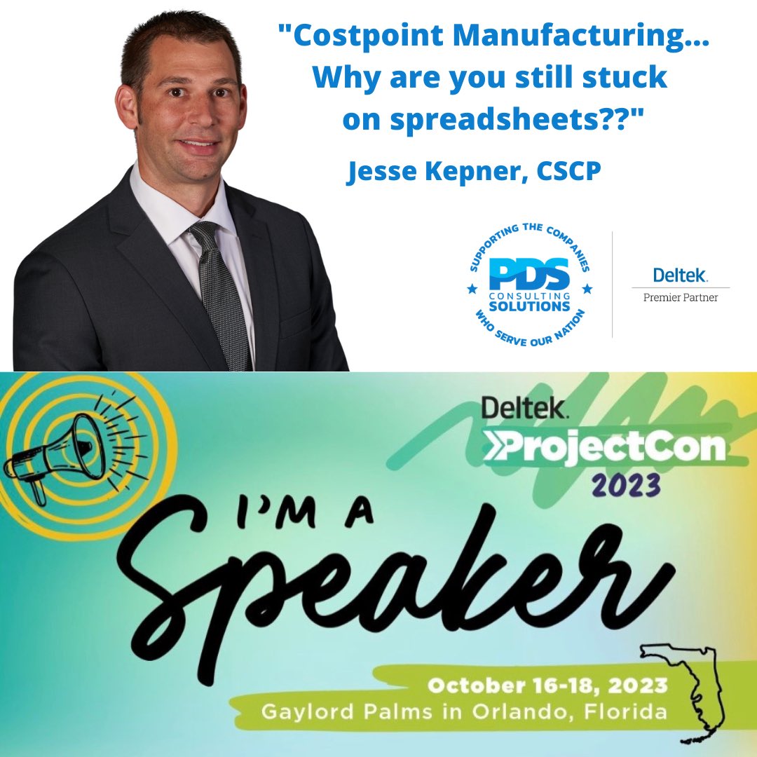Jesse Kepner, CSCP will be speaking at #DeltekProjectCon 2023 this Oct!  'Costpoint Manufacturing…Why are you still stuck on spreadsheets??' 

Be sure to stop by our booth (21A) & say hello! To learn more: bit.ly/3u6JwLf

pdsconsults.com
#costpoint #erp #mfg