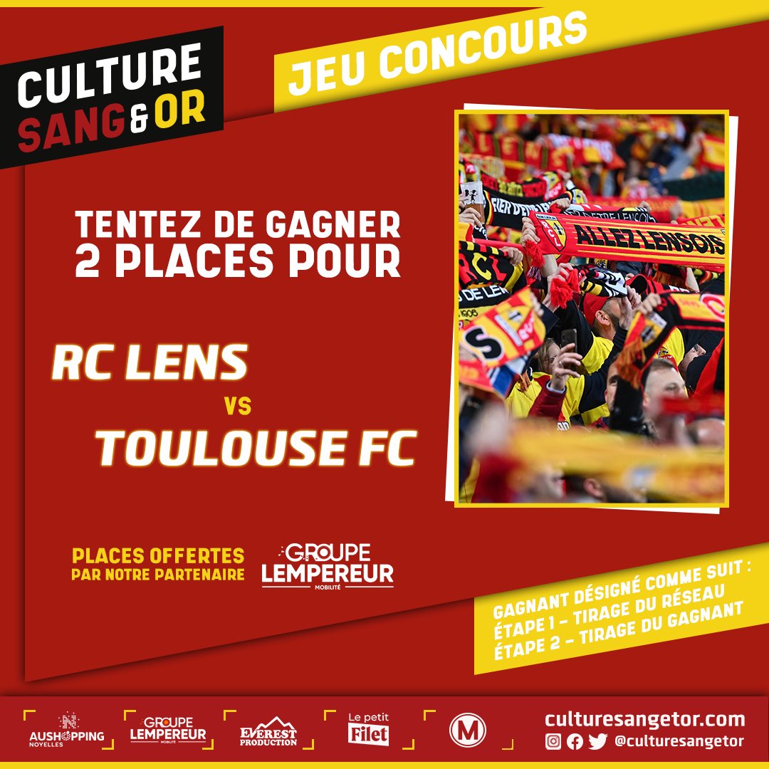 [Jeu concours | 🎁]

<a href="/GroupeLempereur/">Groupe Lempereur</a>, partenaire officiel du #RCLens vous offre 2 places pour RC Lens - Toulouse !

Pour participer :
➡️ Suivez <a href="/CultureSangEtOr/">Culture Sang&Or</a>
➡️ RT + mentionnez un ami en commentaire

🏆 TAS et annonce du gagnant le 22/09/2023

Bonne chance ! 😉

#RCLTFC 🔴🟡