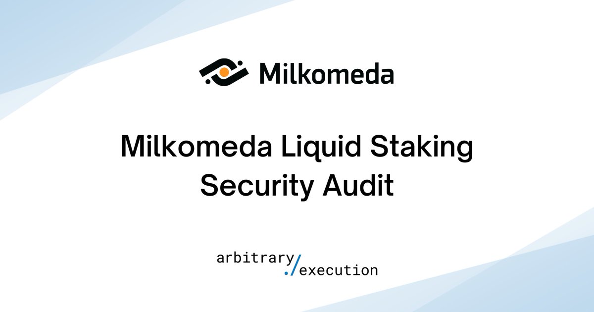 Arbitrary Execution (@arbitrary_exec) on Twitter photo 🔐 AE researchers conducted a security review of the Milkomeda Liquid Staking smart contracts, which enable users to earn Cardano staking rewards while keeping custody of funds.
The <a href="/Milkomeda_com/">Milkomeda (there is no token)</a> team addressed all major issues identified. 🛠️
arbitraryexecution.com/security-audit… 🔐 AE researchers conducted a security review of the Milkomeda Liquid Staking smart contracts, which enable users to earn Cardano staking rewards while keeping custody of funds.
The <a href="/Milkomeda_com/">Milkomeda (there is no token)</a> team addressed all major issues identified. 🛠️
arbitraryexecution.com/security-audit…