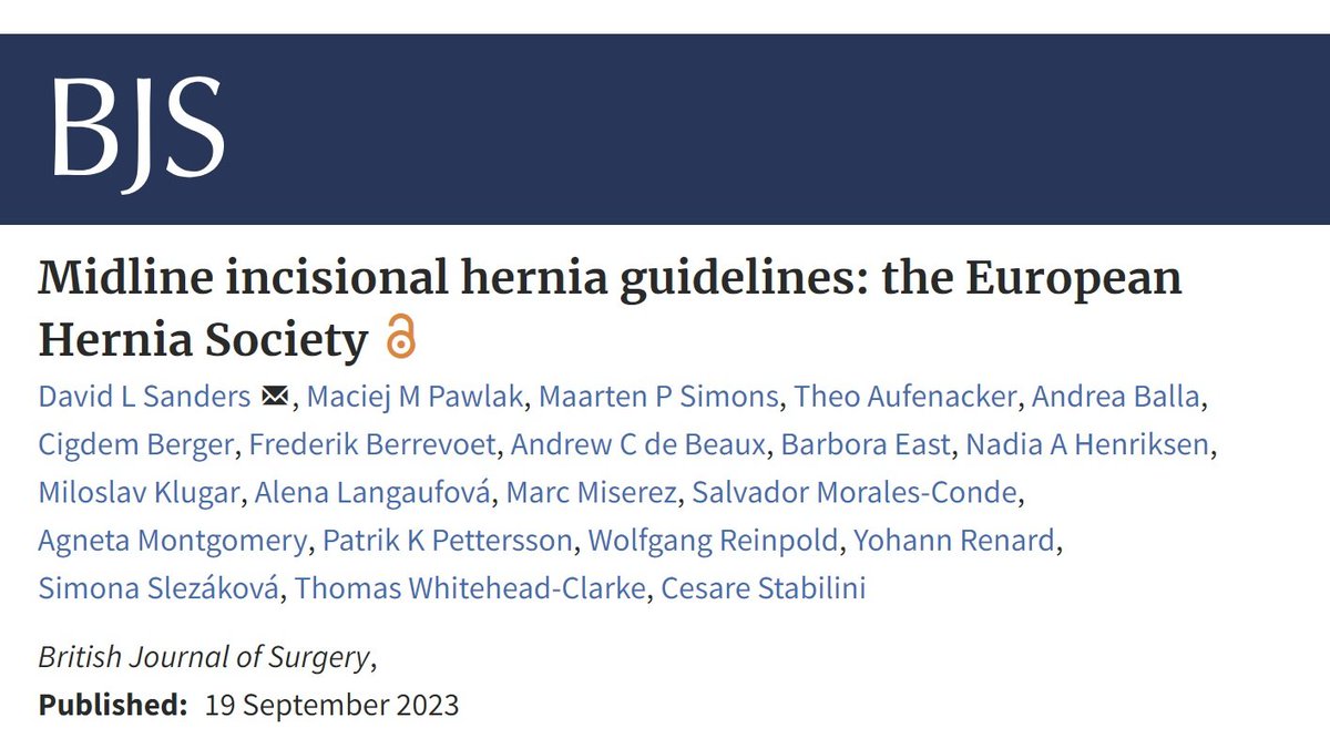 📢 It's OUT!! The EHS Midline #IncisionalHernia Guidelines. ➡️ bit.ly/465pr9q #HerniaGuidelines #HerniaSurgery #AWSurgery #HerniaFriends #OpenAccess