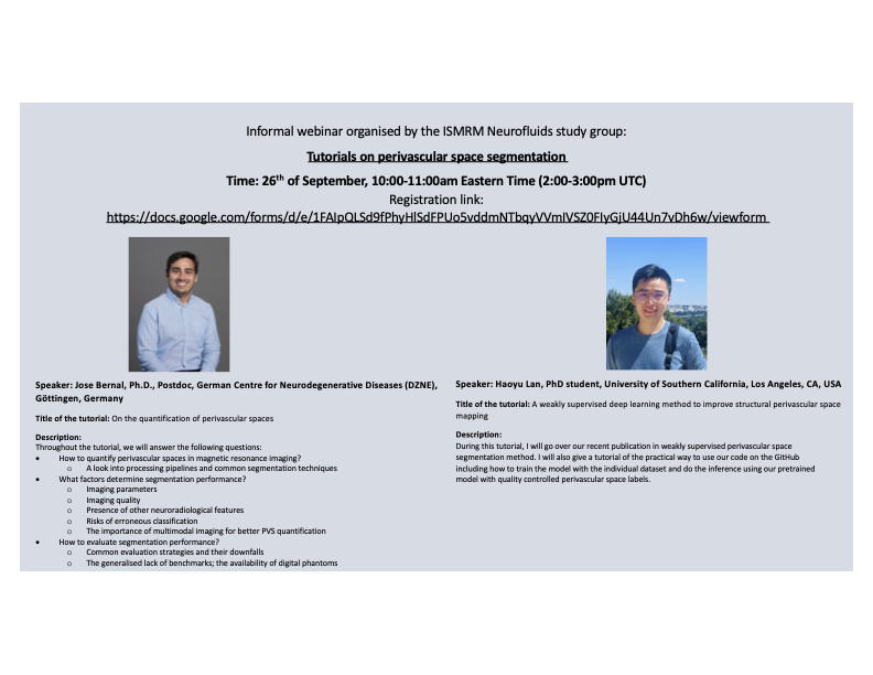 Laura Lewis (@lauradata) on Twitter photo would you like to learn methods for imaging CSF and brain fluid systems? We (ISMRM Neurofluids s.g.) are starting a series of interactive webinar tutorials for imaging methods. The first one, organized by <a href="/MerelvdThiel/">Dr Merel van der Thiel</a>, will teach perivascular space segmentation for MRI! would you like to learn methods for imaging CSF and brain fluid systems? We (ISMRM Neurofluids s.g.) are starting a series of interactive webinar tutorials for imaging methods. The first one, organized by <a href="/MerelvdThiel/">Dr Merel van der Thiel</a>, will teach perivascular space segmentation for MRI!