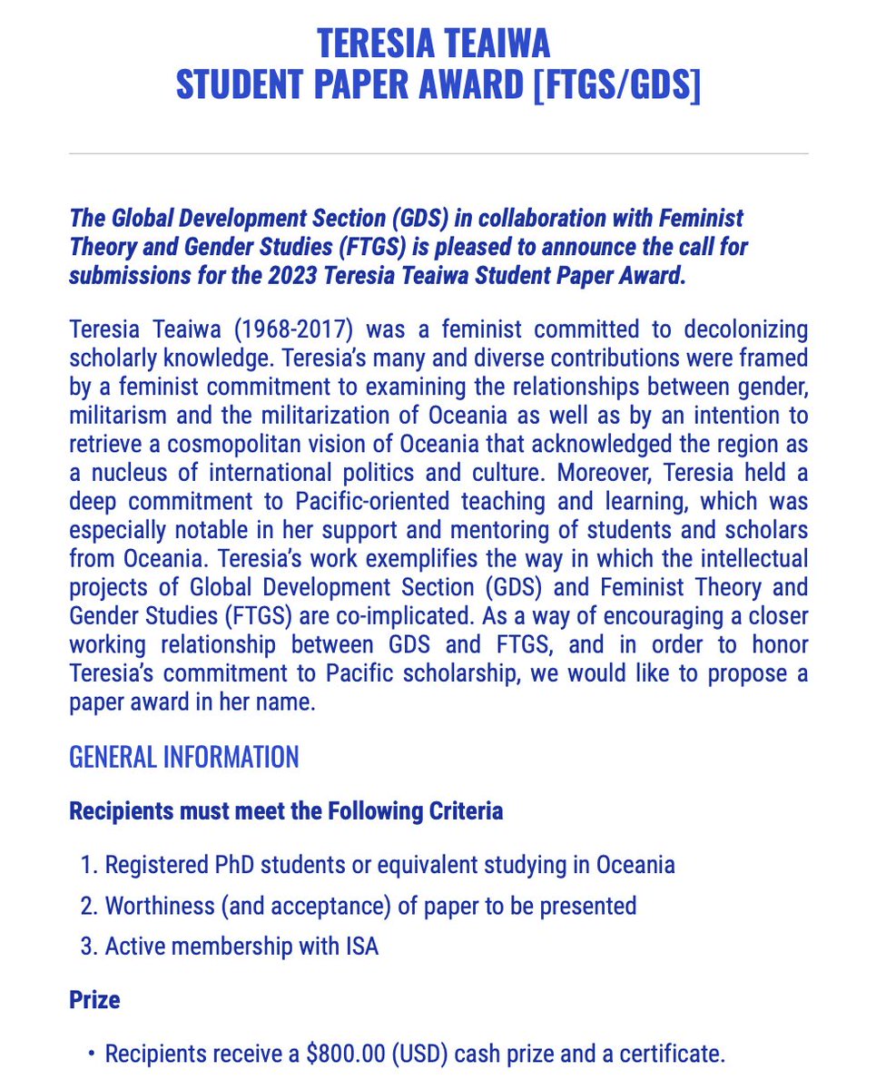 📣 Call for Nominations: The 2023 Teresia Teaiwa Student Paper Award DEADLINE EXTENDED: October 15th! @GlobalDev_ISA @ftgs_isa gdsisa.org/teresia-teaiwa… #development #feminism #ISA2024