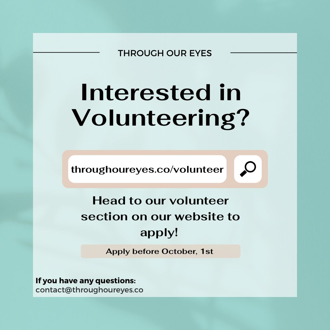T_oureyes's tweet photo. Looking for a volunteer opportunity? We’re looking for volunteers to help us at our launch event happening on Sunday, October 15th!

HOW TO APPLY:
- Head to our website (https://t.co/f899WLMhMd)
- Go to the volunteers tab and fill out the form.

#throughoureyes #launchevent https://t.co/SCoRKHTofq