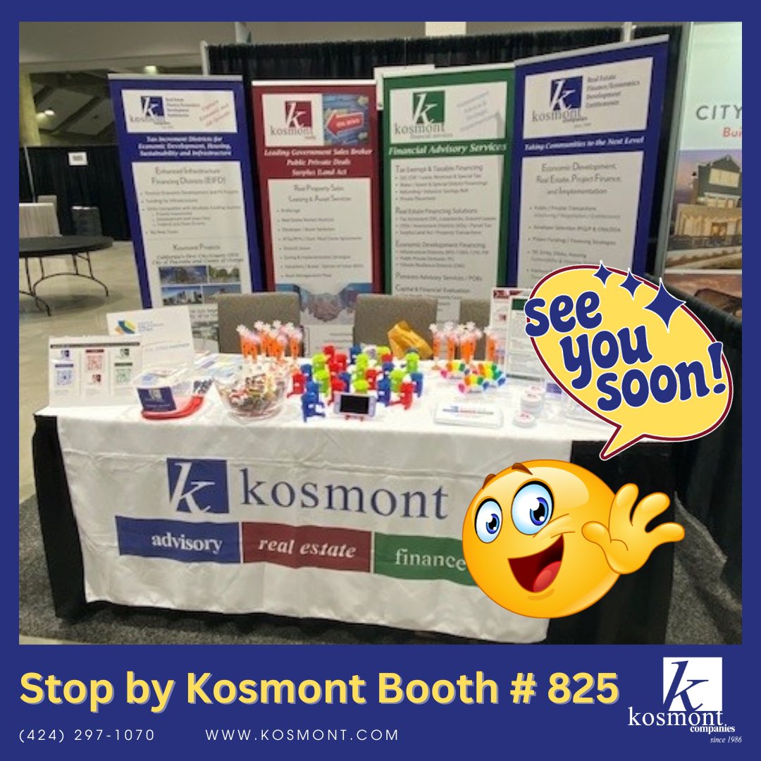 The #Kosmont booth (# 825) is all setup and we can't wait to see you! Let the 2023 #CalCitiesAnnual Expo begin (9/20-9/21 in Sacramento at the SAFE Credit Union Convention Center).