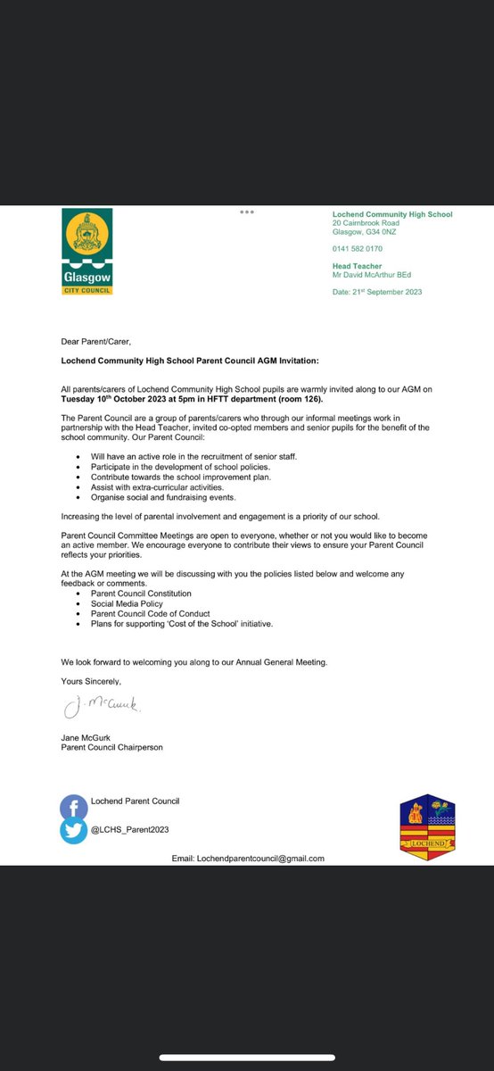 We would like to invite all parents and carers to our Annual General Meeting on Tuesday 10th October at 5pm.  We hope to see you all there. #parentcouncil <a href="/LochendHigh/">Lochend Community High School</a>
