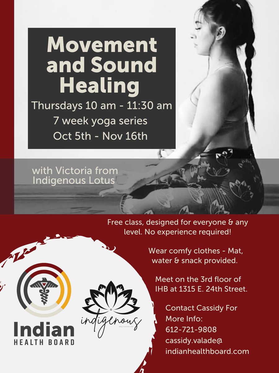 IHB is honored to work with Victoria Marie, owner of Indigenous Lotus, hosting a seven-week yoga class! The classes will run Thursdays from 10 am to 11:30 and begin October 5th. Contact Cassidy for more information 612.721.9808.
#MyIHB #IndigenousLotus