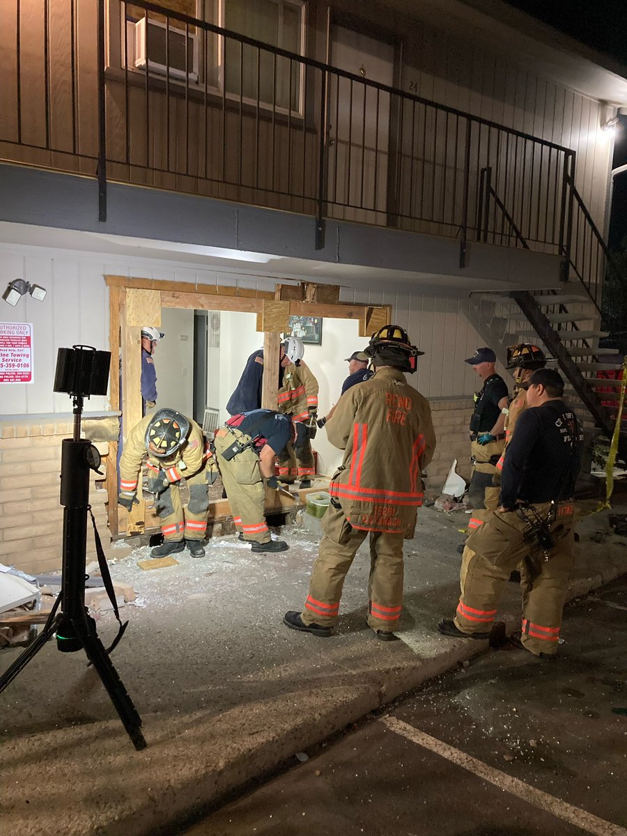 RenoFirefighter's tweet photo. Last night Reno Firefighters responded to a call of a vehicle into a building. There were no injuries but a load bearing wall had been compromised. The Urban Search and Rescue Team was requested to build a structural shore. #pffn https://t.co/uARuRx5YwH