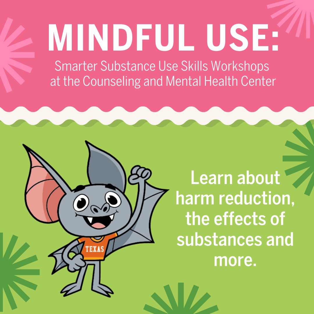 UTBruceTheBat's tweet photo. The Counseling and Mental Health Center is hosting weekly workshops to support mindful &amp; informed substance use among Longhorns. Register on the CMHC's workshops page!
🗓️ Fridays, 1-2 p.m
📅 9/8 - 12/1 (excluding Fall Break)
👩‍🏫 Presented by Kathy Melo Li &amp; Halin Chung
🖥️ Virtual https://t.co/UwBOnNbmU8